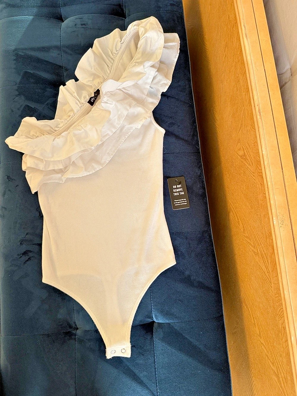 Express Ribbed One Shoulder Ruffle Bodysuit Cream